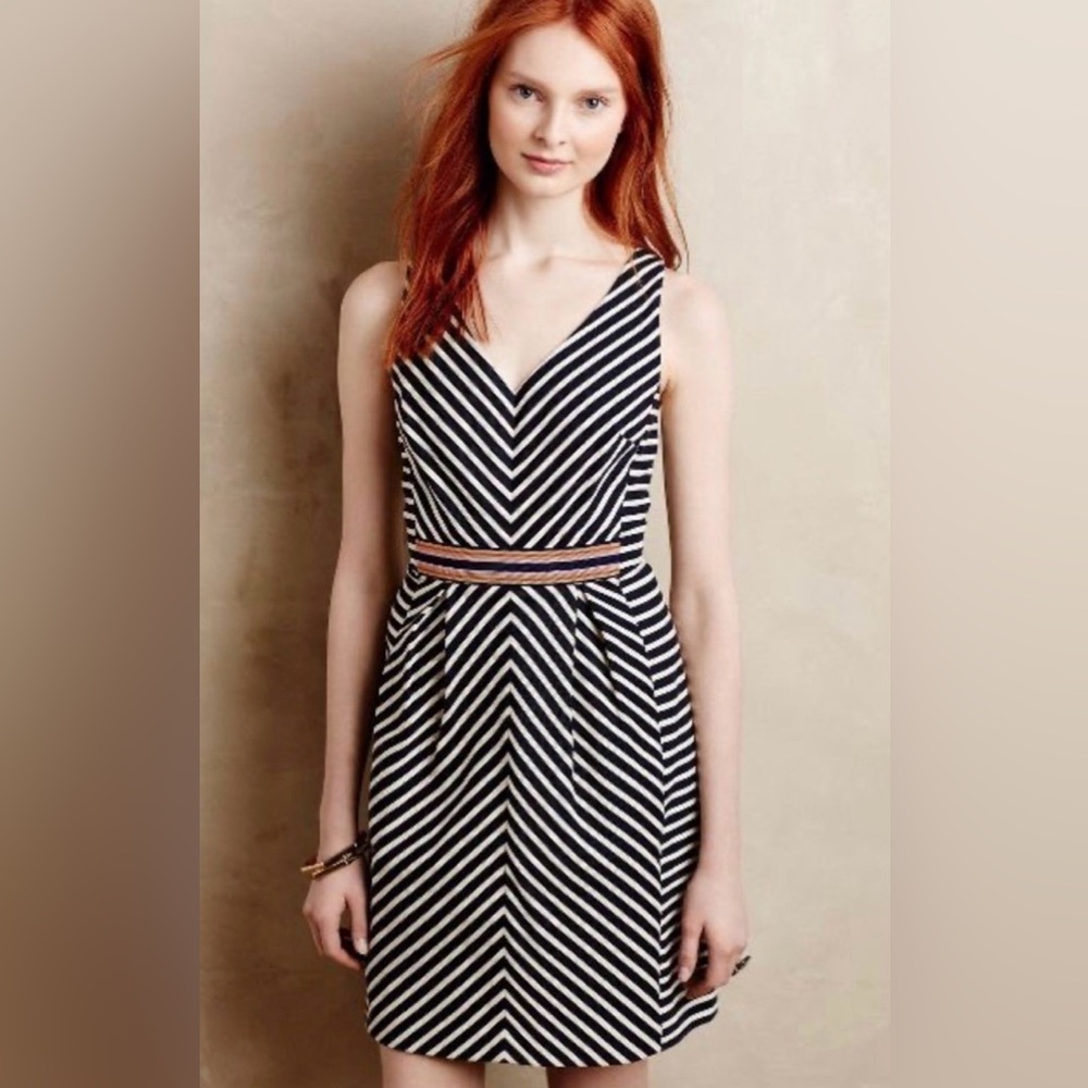Anthropologie Maeve Mitred Striped Chevron Sleeveless A Line Dress - Navy - 6